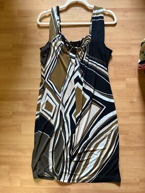 EUC Dana Buchman Geometric Midi Dress in Black, Olive & Cream